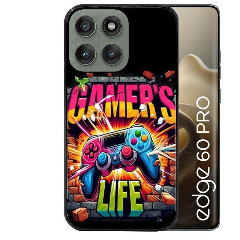 Coque noire taperso pour Moto Edge 60 et Neo Fusion Pro avec motif gamer life protection antichoc personnalisée