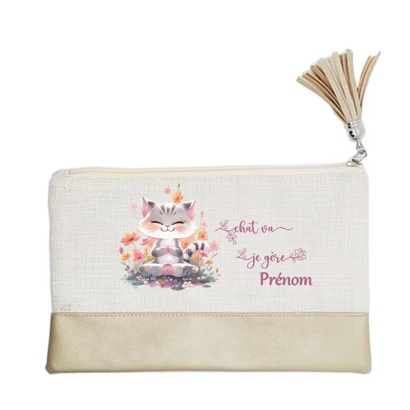 Pochette personnalisée motif chat yoga en toile et simili cuir personnalisée
