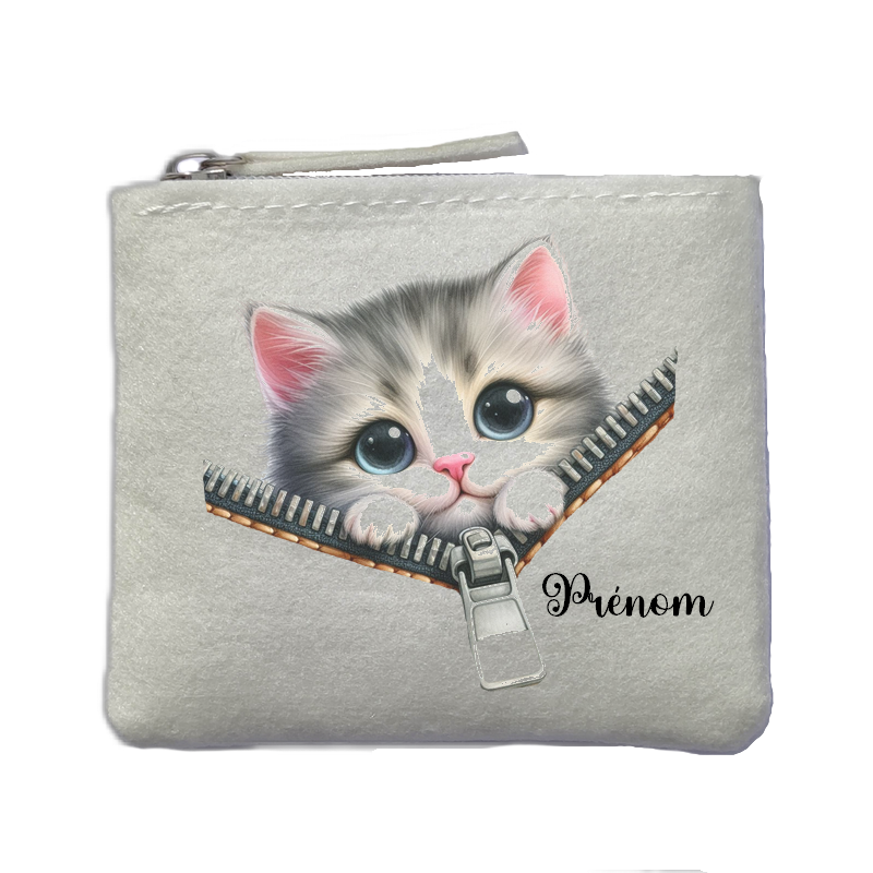 Porte monnaie personnalisé chat zip ivoire en feutrine en feutrine ivoire