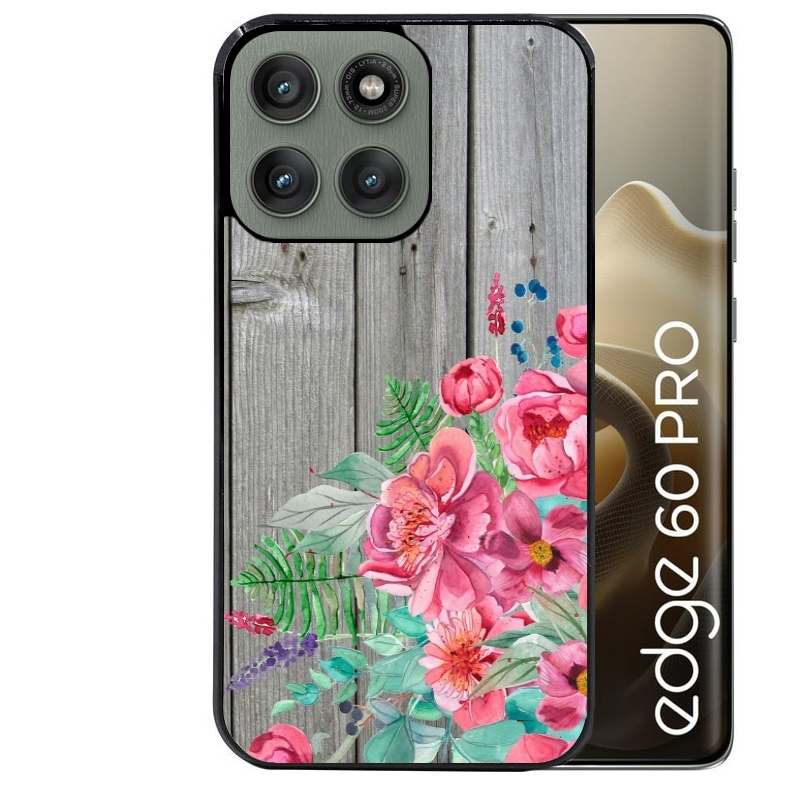 Coque noire taperso pour Moto Edge 60 et Neo Fusion Pro avec motif bois gris et fleur rose protection antichoc personnalisée