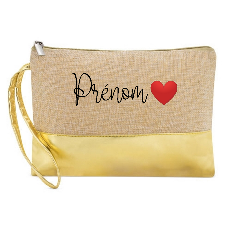 Pochette personnalisée prenom coeur en jute et doré en jute et doré