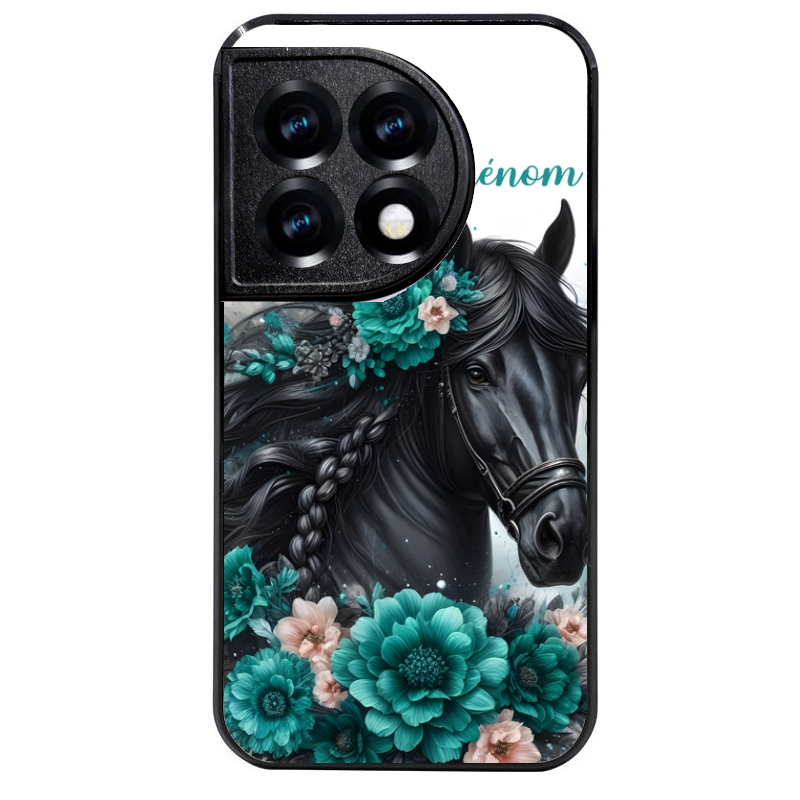 Coque noire taperso pour OnePlus 11 et 12 avec motif cheval et fleurs personnalisee protection antichoc personnalisée