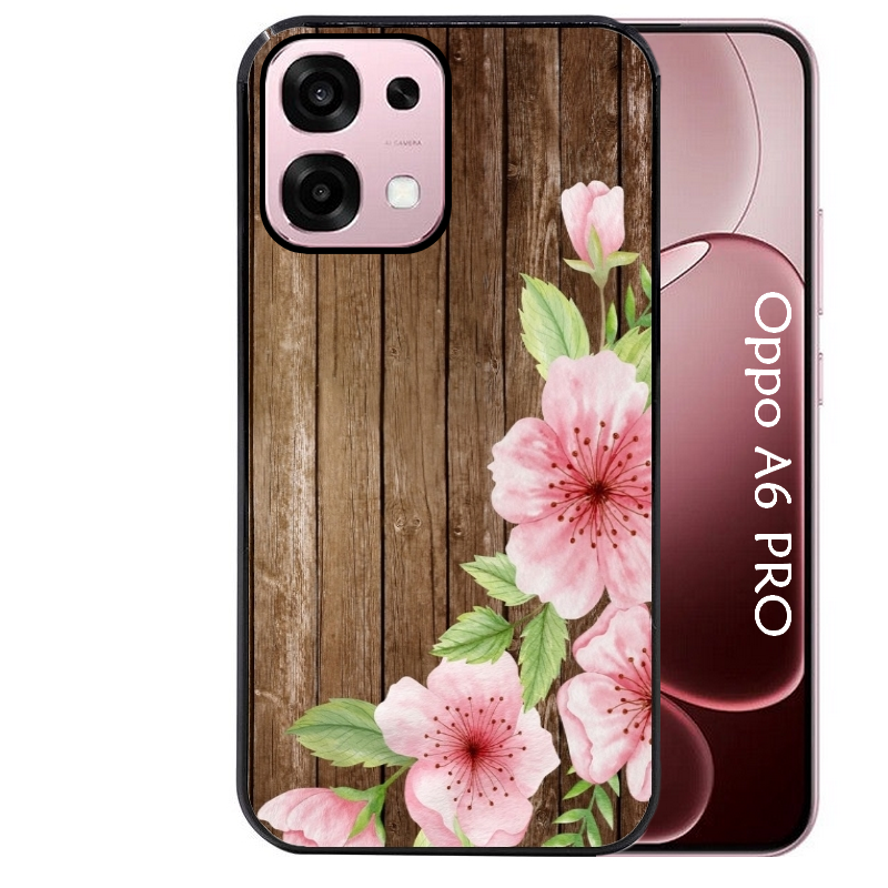 Coque noire taperso pour OPPO A6 PRO 4G et 5G avec motif bois avec fleur rose protection antichoc personnalisée