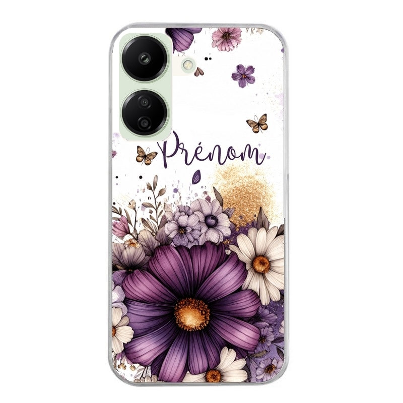 Coque taperso pour POCO C65 4G avec motif fleur violette personnalisee protection antichoc personnalisée