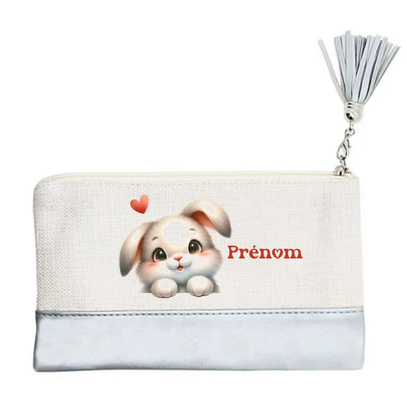 Pochette personnalisée motif lapin cœur en toile et simili cuir personnalisée