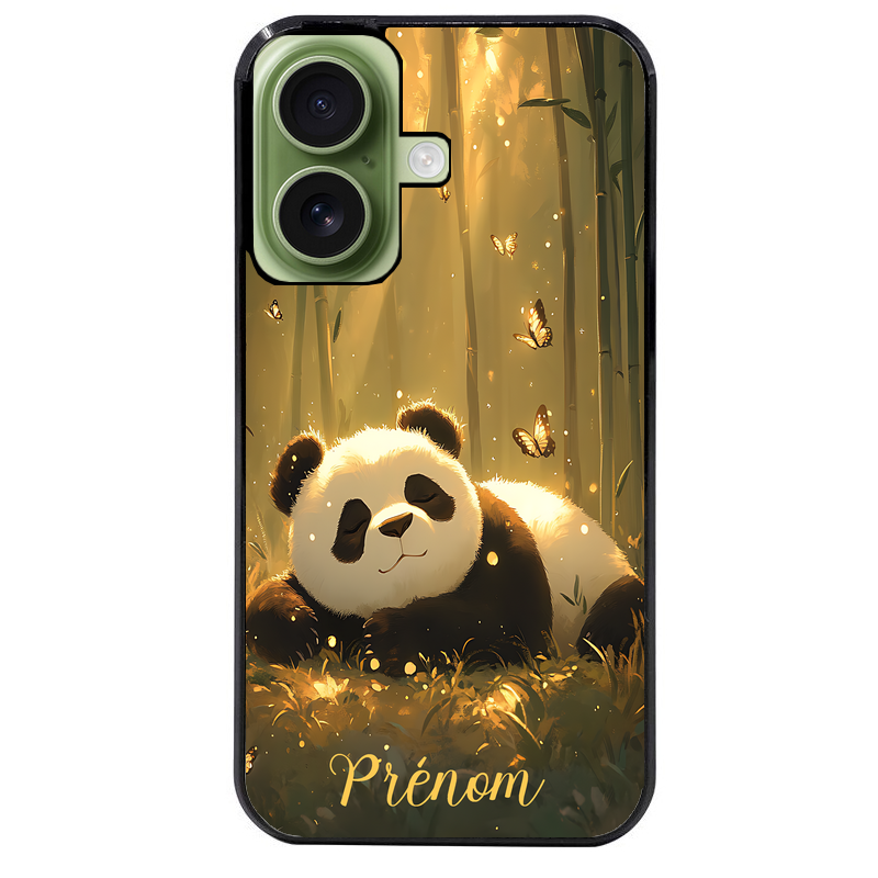Coque noire taperso pour Iphone 16 16E PLUS MAX PRO avec motif panda et papillon personnalisee protection antichoc personnalisée