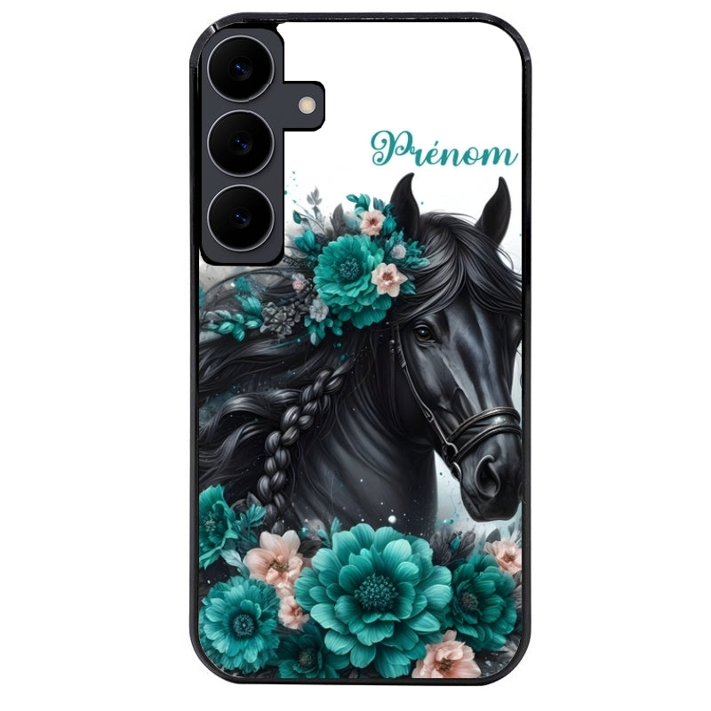 Coque noire taperso pour galaxy A06 A16 A26 A36 A56 avec motif cheval et fleurs personnalisee protection antichoc personnalisée