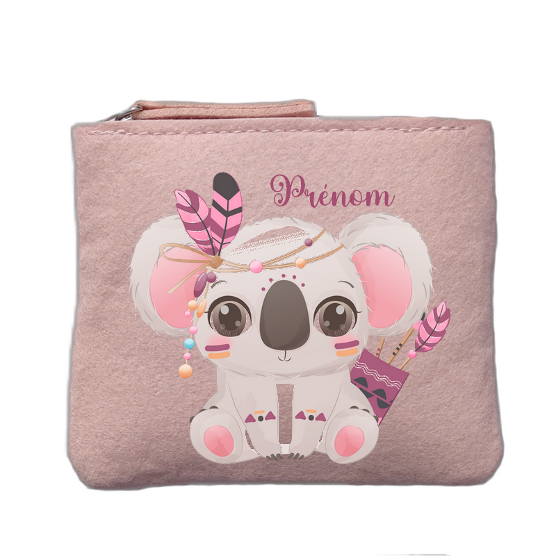 Porte monnaie personnalisé motif koala boho rose clair en feutrine en feutrine