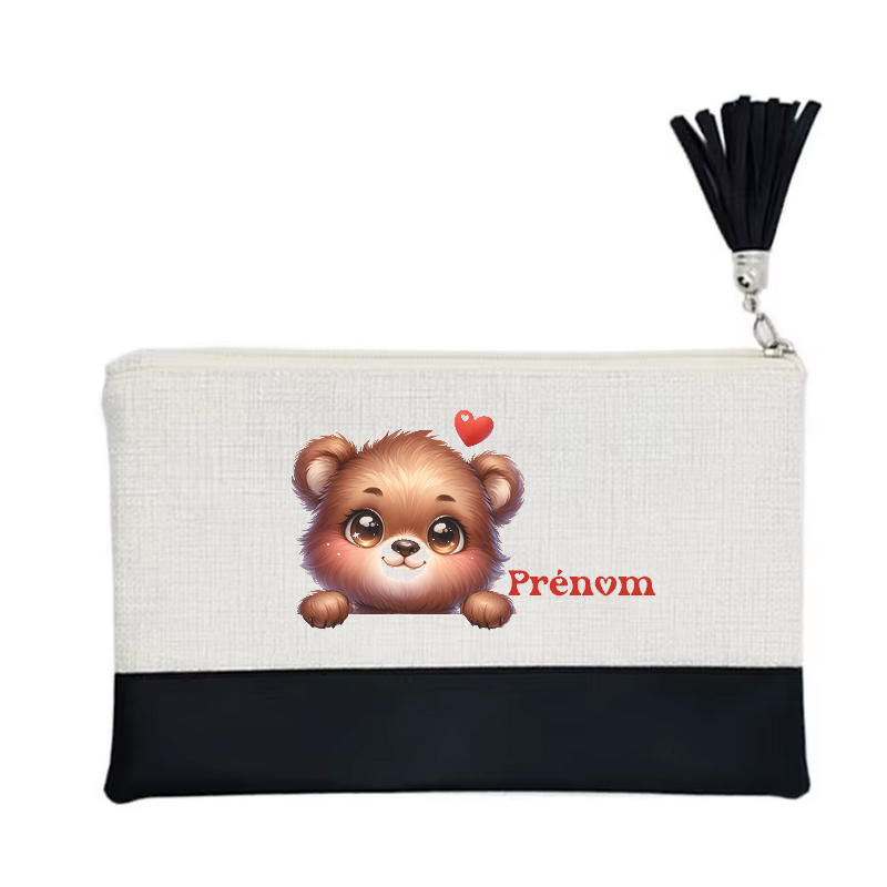 Pochette personnalisée motif ourson cœur en toile et simili cuir personnalisée