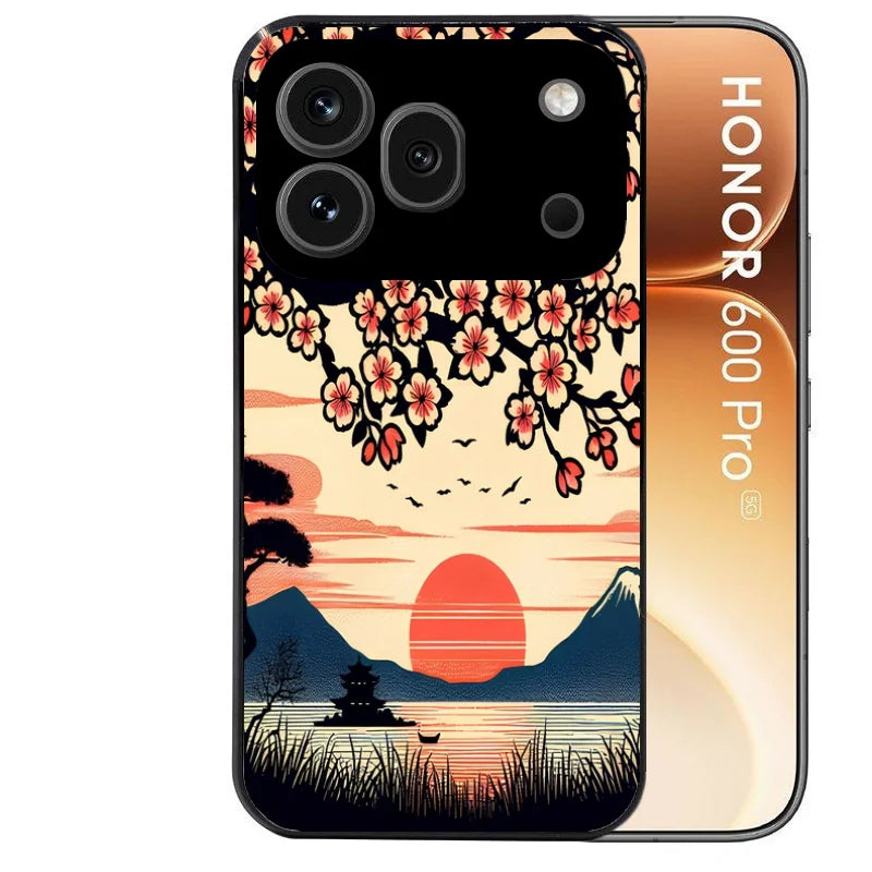 Coque noire taperso pour Honor 600 et 600 PRO avec motif japan cerisier protection antichoc personnalisée