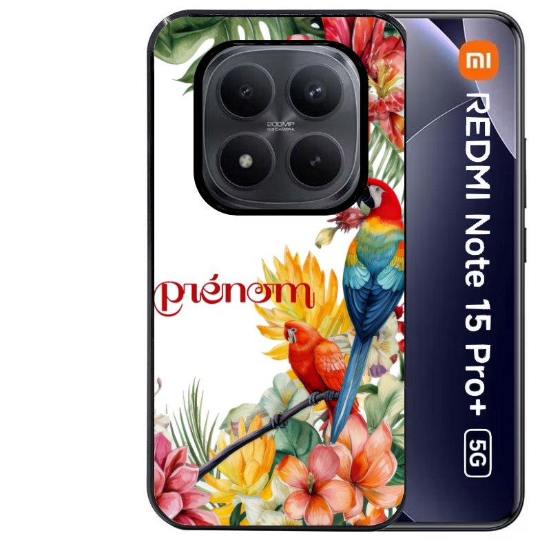 Coque noire taperso pour Redmi Note 15 et PRO PLUS 4G 5G avec motif perroquet personnalisee protection antichoc personnalisée