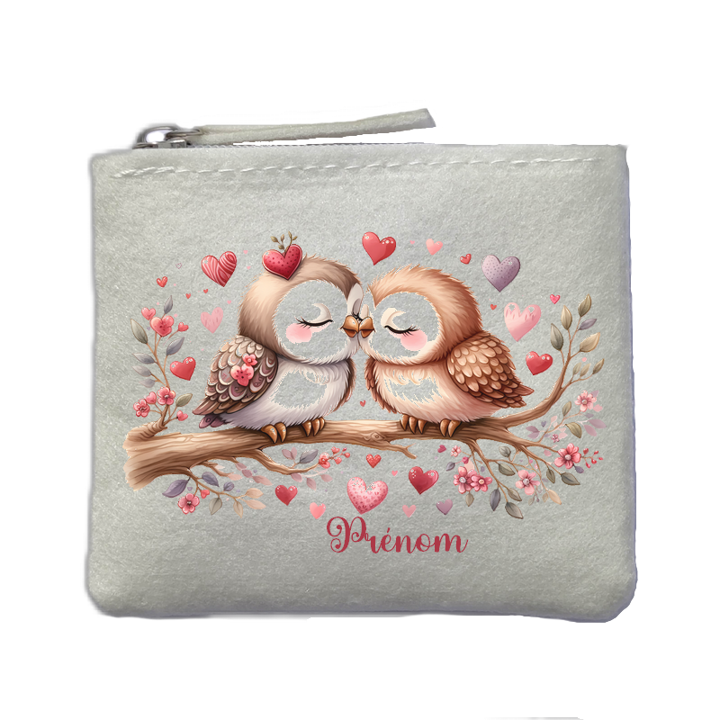 Porte monnaie personnalisé chouette love ivoire en feutrine en feutrine ivoire