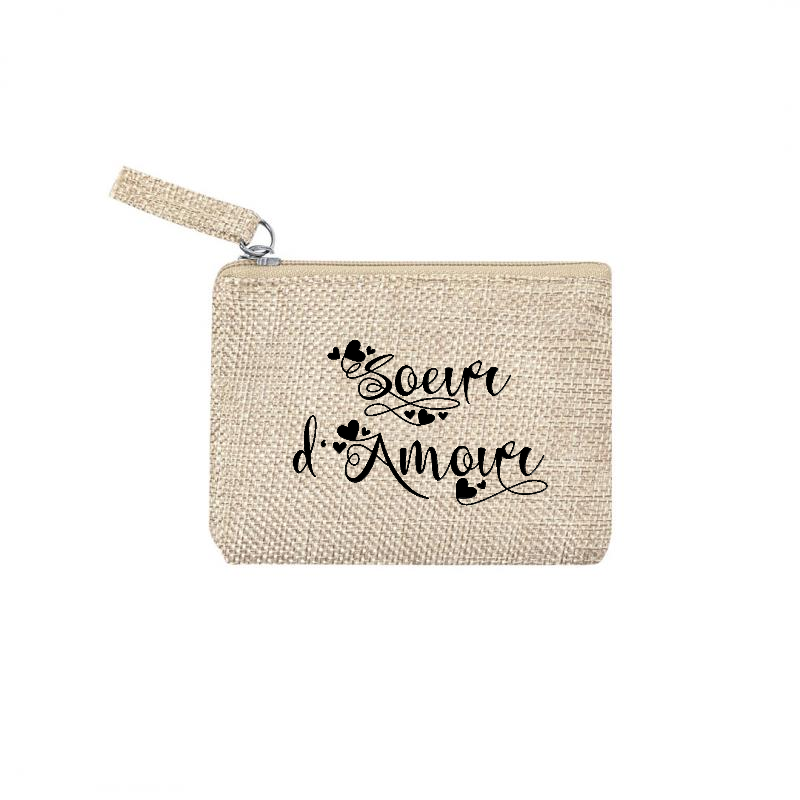 Pochette personnalisée soeur d'amour en jute et doré en jute et doré