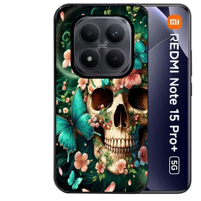 Coque noire taperso pour Redmi Note 15 et PRO PLUS 4G 5G avec motif tete de mort skull printemps protection antichoc personnalisée
