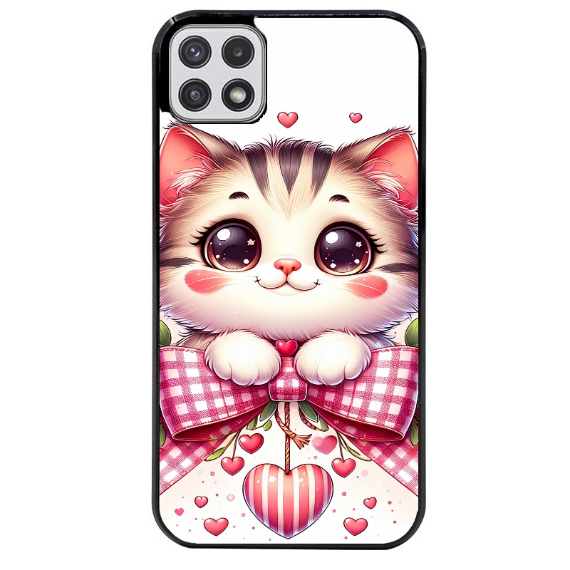 Coque noire taperso pour galaxy A22 A32 A52 A52S 4G 5G  avec motif chat noeud et coeur protection antichoc personnalisée