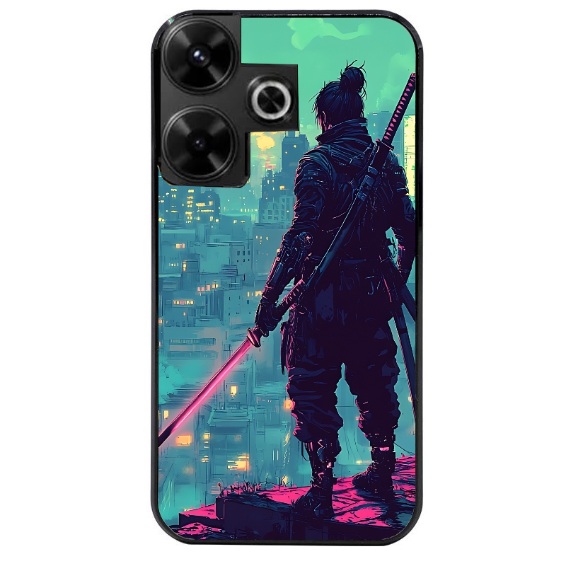 Coque noire taperso pour POCO M6 4G avec motif samourai new york protection antichoc personnalisée