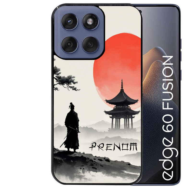 Coque noire taperso pour Moto Edge 60 et Neo Fusion Pro avec motif samourai et temple personnalisee protection antichoc personnalisée