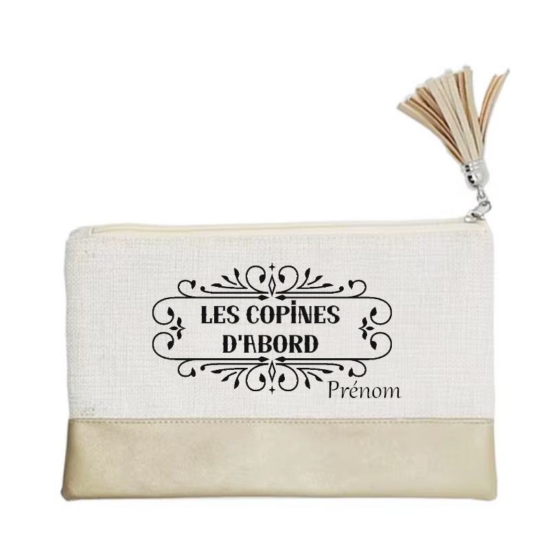 Pochette personnalisée motif copine d'abord en toile et simili cuir personnalisée