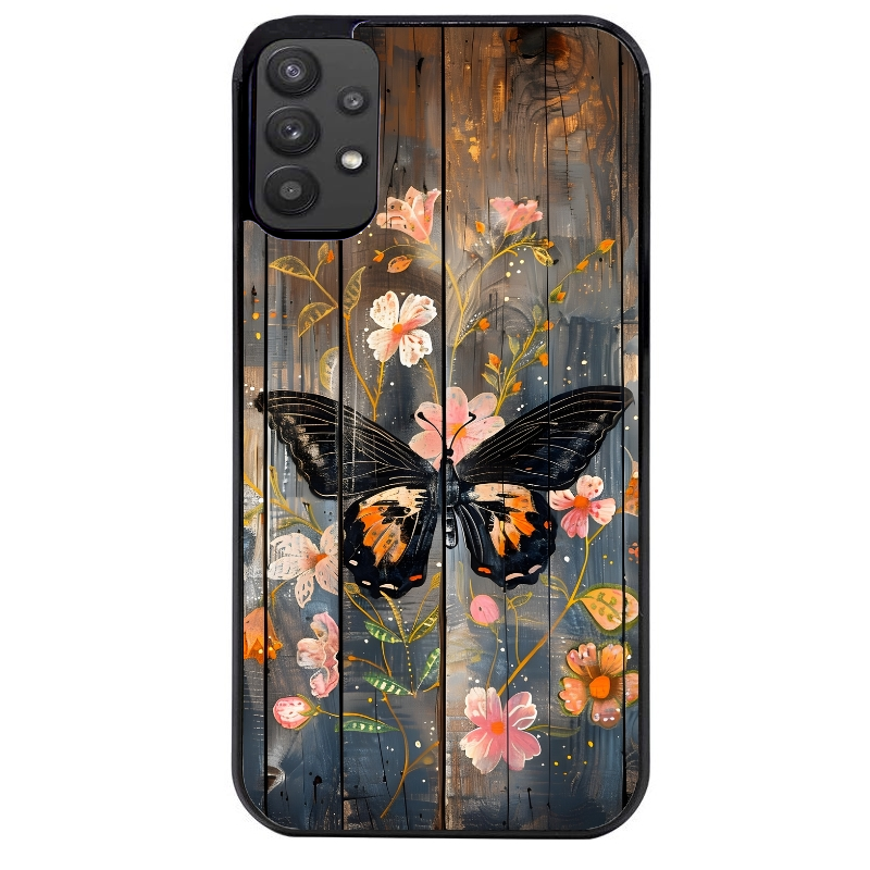 Coque noire taperso pour galaxy A22 A32 A52 A52S 4G 5G  avec motif bois et papillon 2 protection antichoc personnalisée