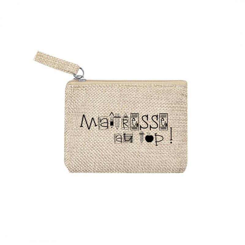 Pochette personnalisée motif maitresse au top en toile et simili cuir personnalisée