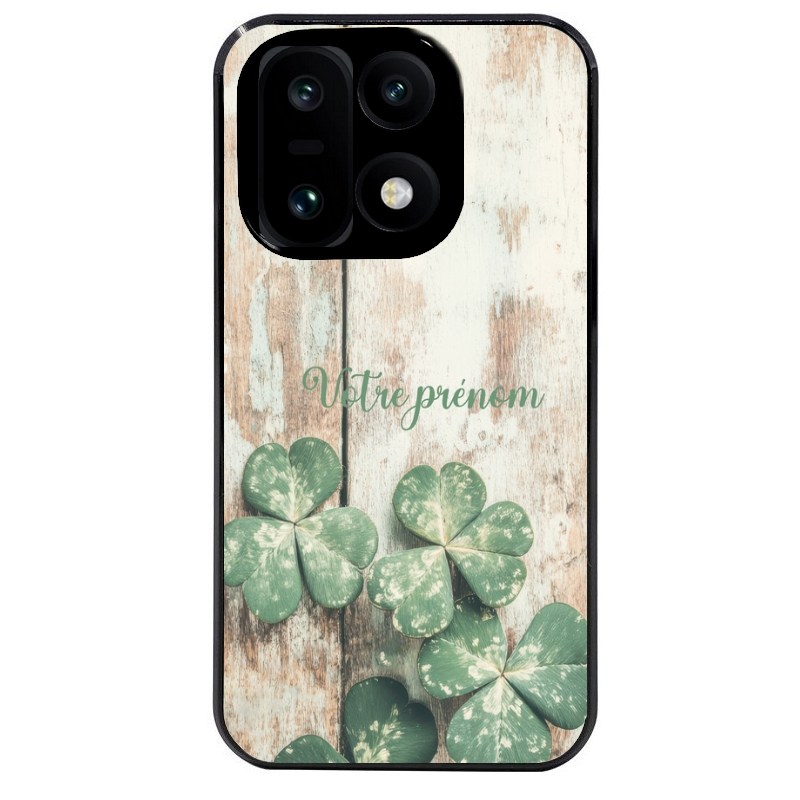 Coque noire taperso pour OnePlus 15 avec motif bois et trefle personnalisee protection antichoc personnalisée