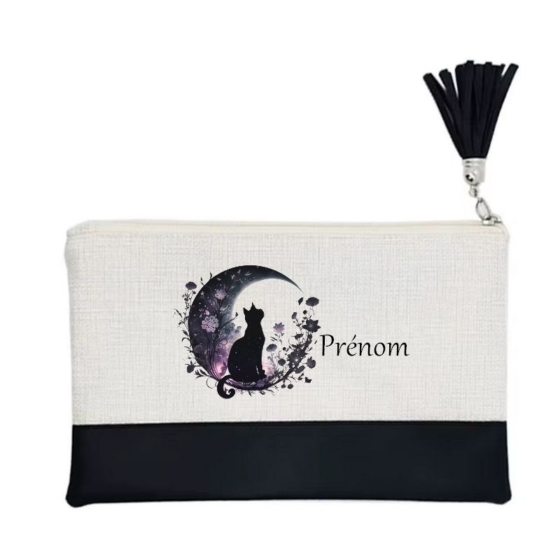 Pochette personnalisée motif chat lune en toile et simili cuir personnalisée