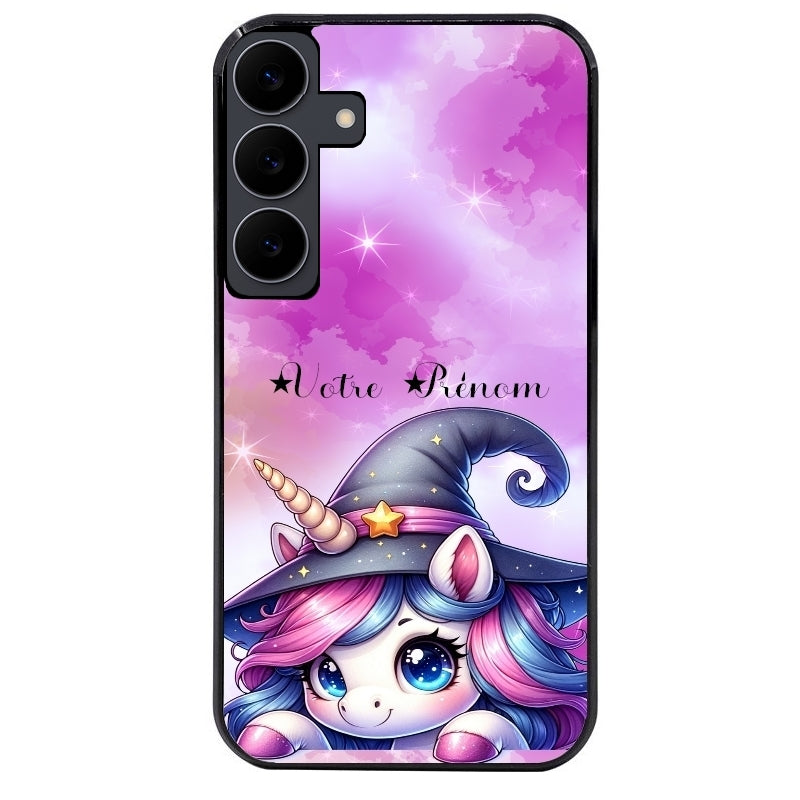 Coque noire taperso pour galaxy S24 et PLUS ULTRA FE avec motif licorne magic avec prenom protection antichoc personnalisée