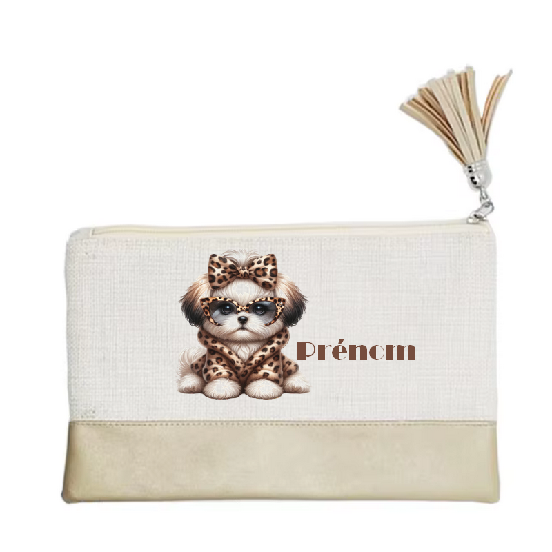 Pochette personnalisée motif chien leopard en toile et simili cuir personnalisée