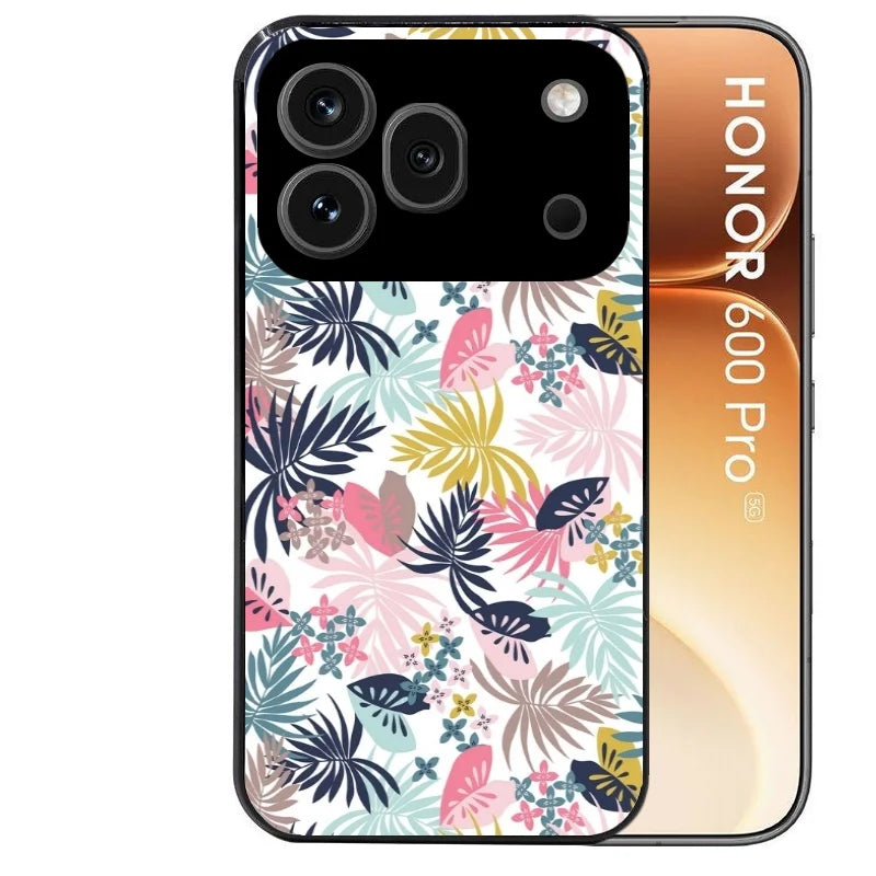 Coque noire taperso pour Honor 600 et 600 PRO avec motif jungle et fleur rose protection antichoc personnalisée