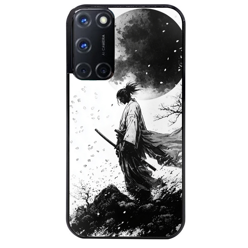Coque noire taperso pour OPPO Reno 8 LITE avec motif samourai et lune protection antichoc personnalisée