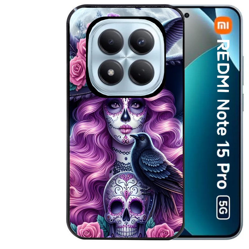 Coque noire taperso pour Redmi Note 15 et PRO PLUS 4G 5G avec motif tete de mort calavera et corbeau protection antichoc personnalisée