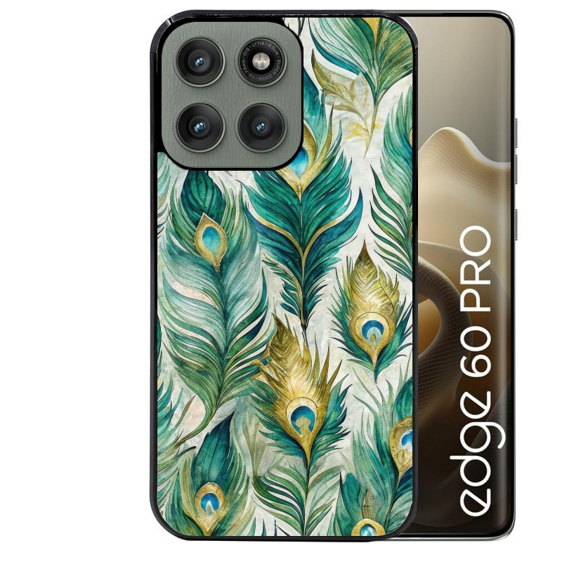 Coque noire taperso pour Moto Edge 60 et Neo Fusion Pro avec motif paon plumes protection antichoc personnalisée