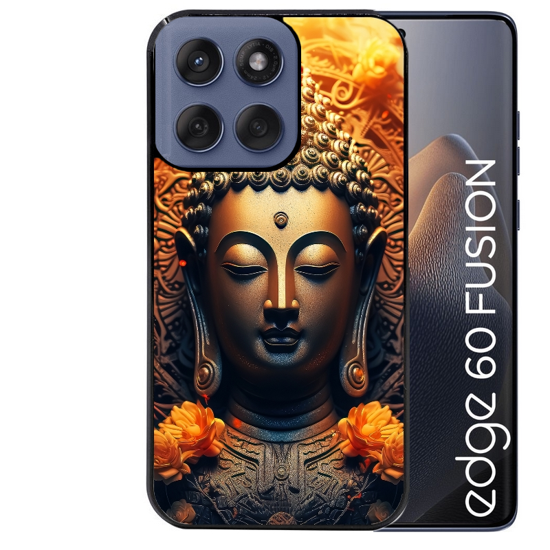 Coque noire taperso pour Moto Edge 60 et Neo Fusion Pro avec motif bouddha et fleur protection antichoc personnalisée