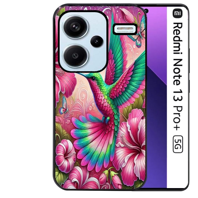 Coque noire taperso pour Redmi Note 13 PRO PLUS 5G avec motif colibri et fleurs protection antichoc personnalisée