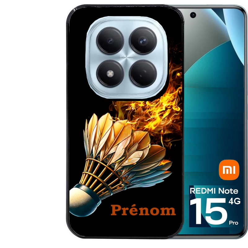Coque noire taperso pour Redmi Note 15 et PRO PLUS 4G 5G avec motif badminton flamme personnalise protection antichoc personnalisée