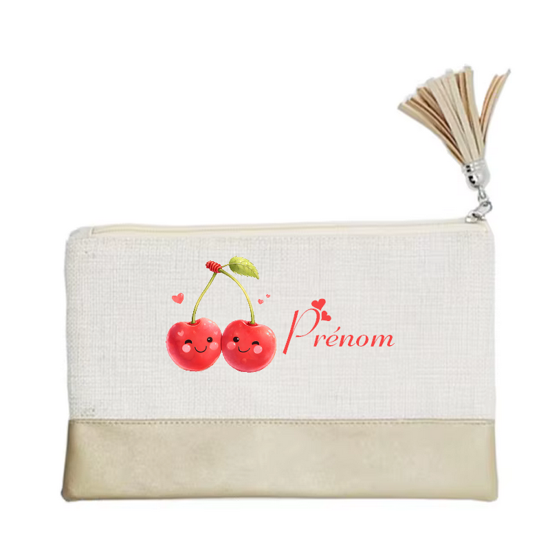Pochette personnalisée motif cerise love en toile et simili cuir personnalisée
