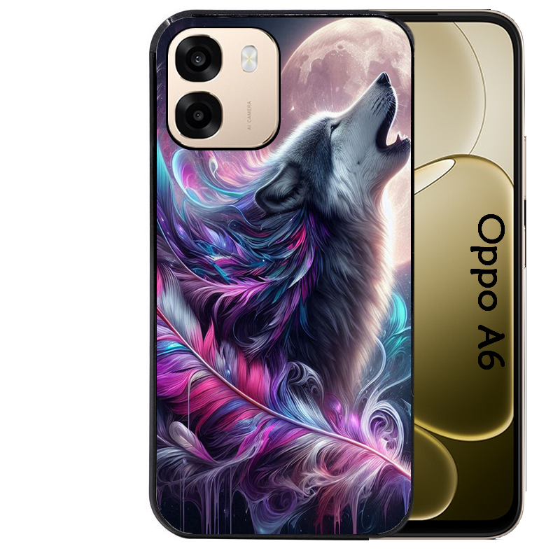 Coque noire taperso pour OPPO A6 A6X 4G et 5G avec motif loup et plume protection antichoc personnalisée