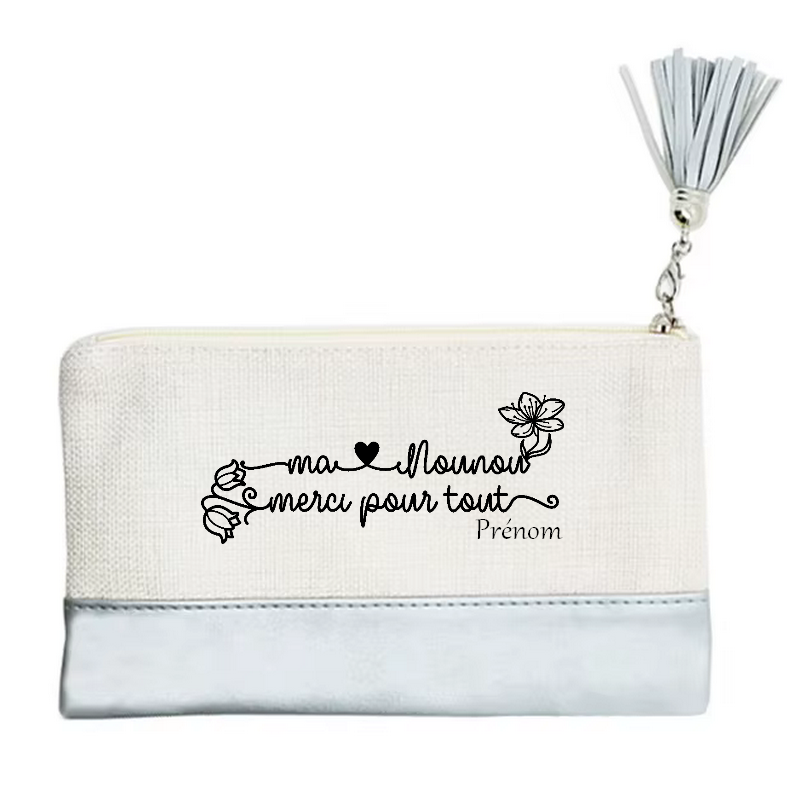 Pochette personnalisée motif nounou merci en toile et simili cuir personnalisée