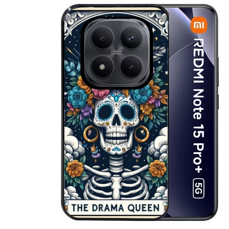 Coque noire taperso pour Redmi Note 15 et PRO PLUS 4G 5G avec motif tete de mort drama queen protection antichoc personnalisée