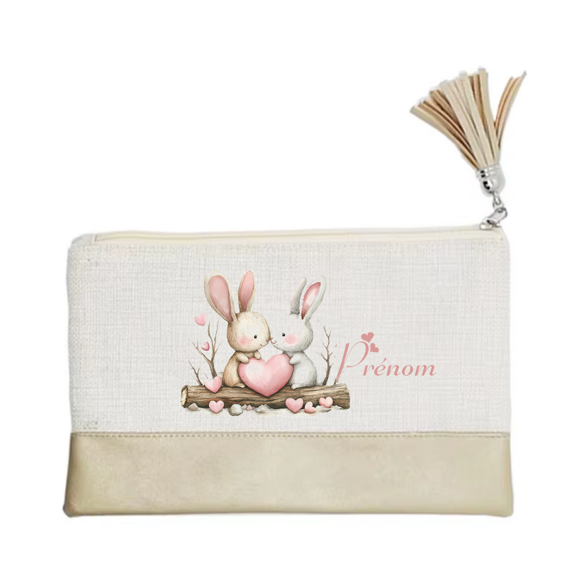 Pochette personnalisée motif lapin love en toile et simili cuir personnalisée