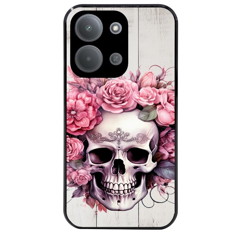 Coque noire taperso pour POCO C85 avec motif tete de mort floral protection antichoc personnalisée