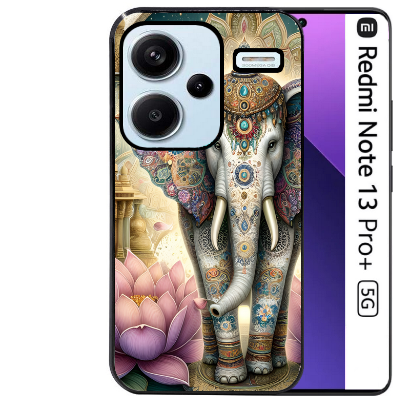 Coque noire taperso pour Redmi Note 13 PRO PLUS 5G avec motif elephant et lotus protection antichoc personnalisée