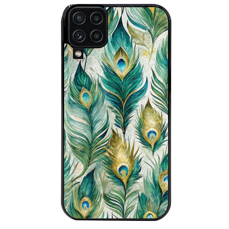 Coque noire taperso pour galaxy A22 A32 A52 A52S 4G 5G  avec motif paon plumes protection antichoc personnalisée