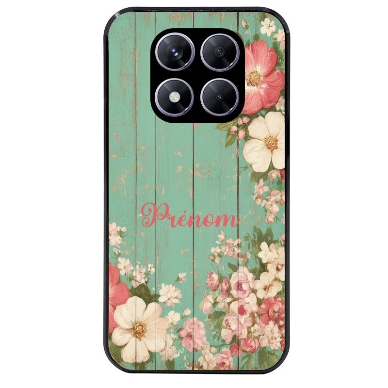 Coque noire taperso pour Redmi Note 14 et PRO PLUS 4G 5G avec motif bois et fleur avec votre prenom protection antichoc personnalisée