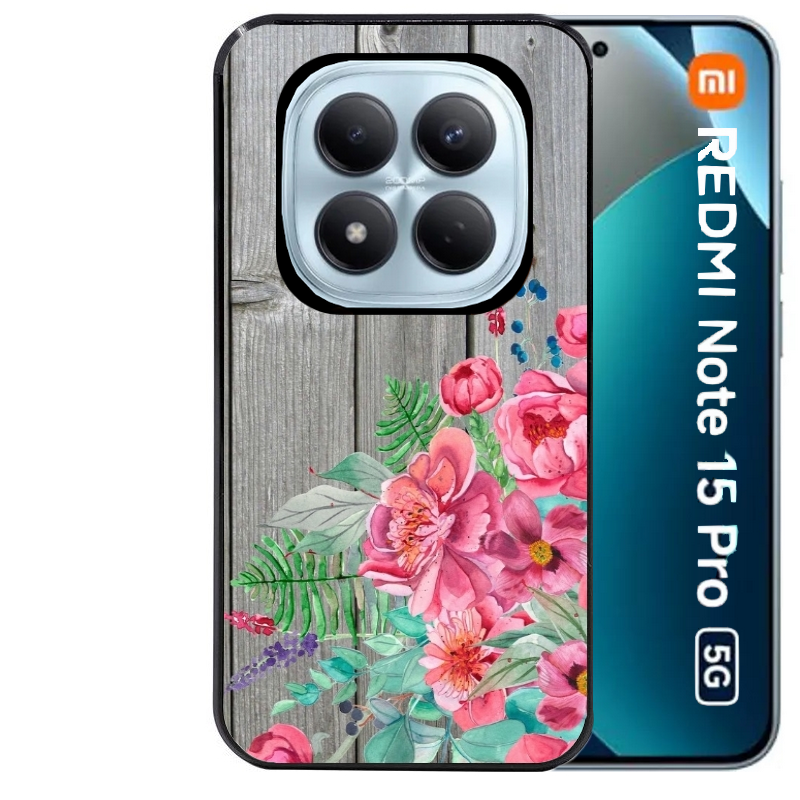 Coque noire taperso pour Redmi Note 15 et PRO PLUS 4G 5G avec motif bois gris et fleur rose protection antichoc personnalisée