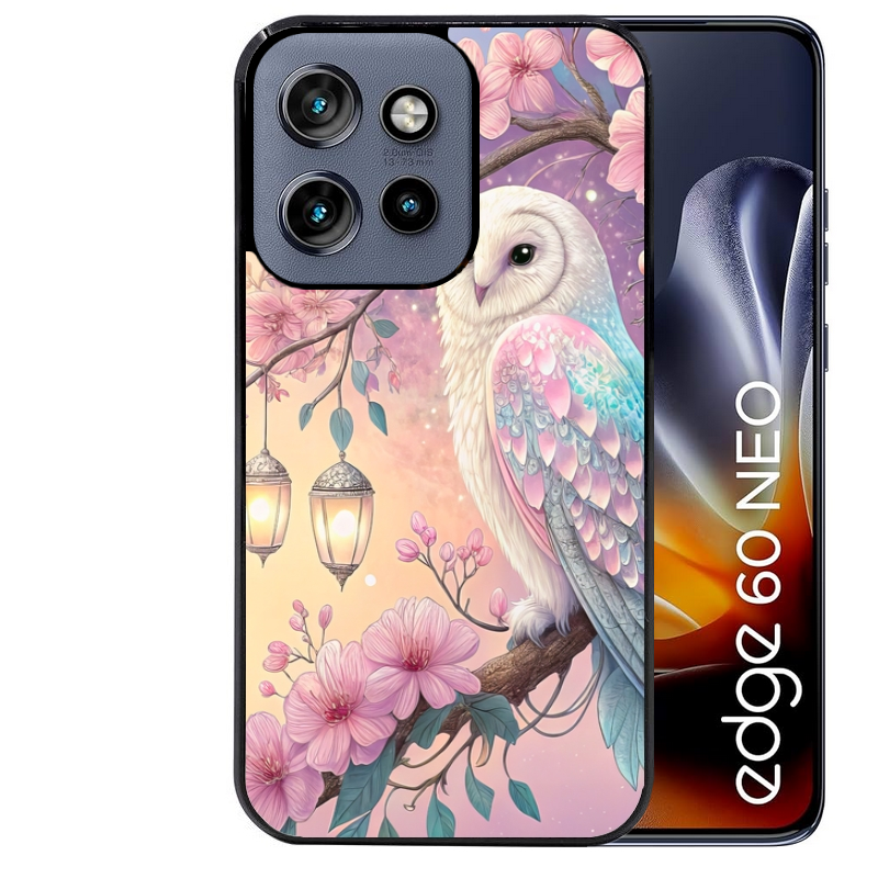 Coque noire taperso pour Moto Edge 60 et Neo Fusion Pro avec motif chouette cerisier protection antichoc personnalisée