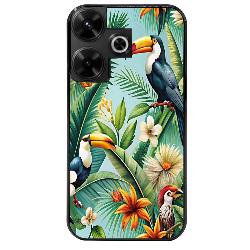 Coque noire taperso pour POCO M6 4G avec motif perroquet tropical protection antichoc personnalisée