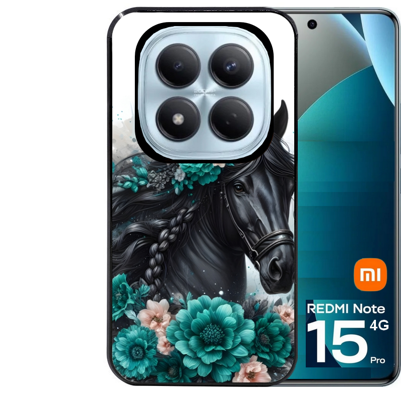 Coque noire taperso pour Redmi Note 15 et PRO PLUS 4G 5G avec motif cheval et fleurs personnalisee protection antichoc personnalisée