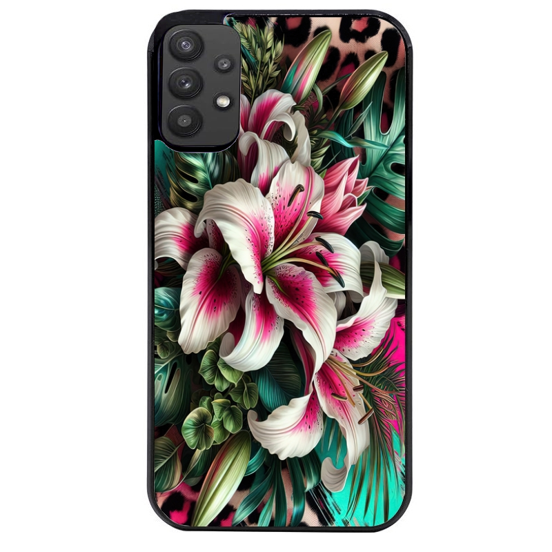 Coque noire taperso pour galaxy A22 A32 A52 A52S 4G 5G  avec motif leopard hibiscus protection antichoc personnalisée