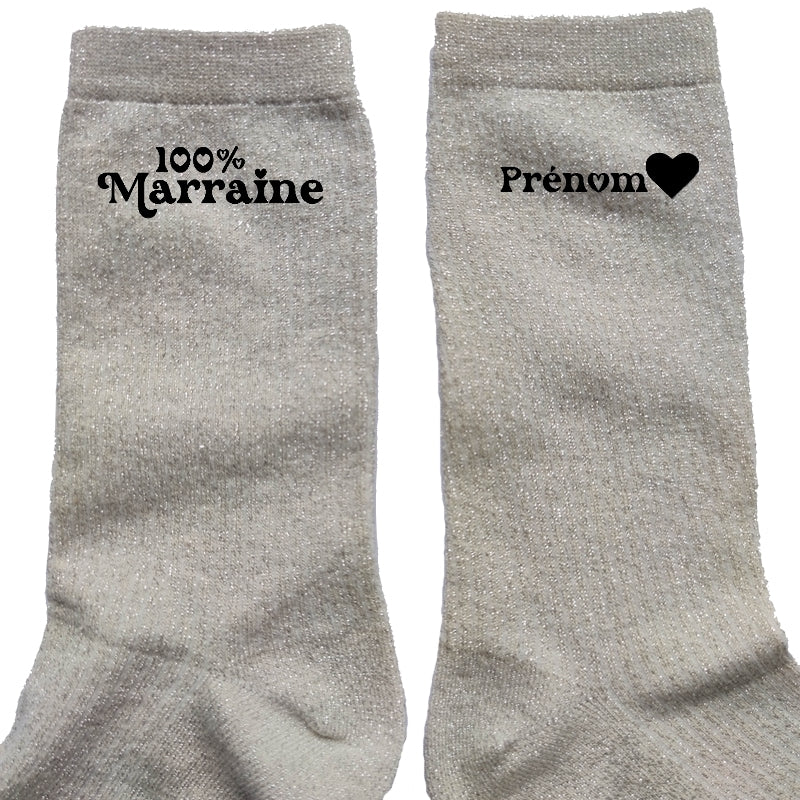 Chaussettes personnalisée paillettes crème motif marraine 100%